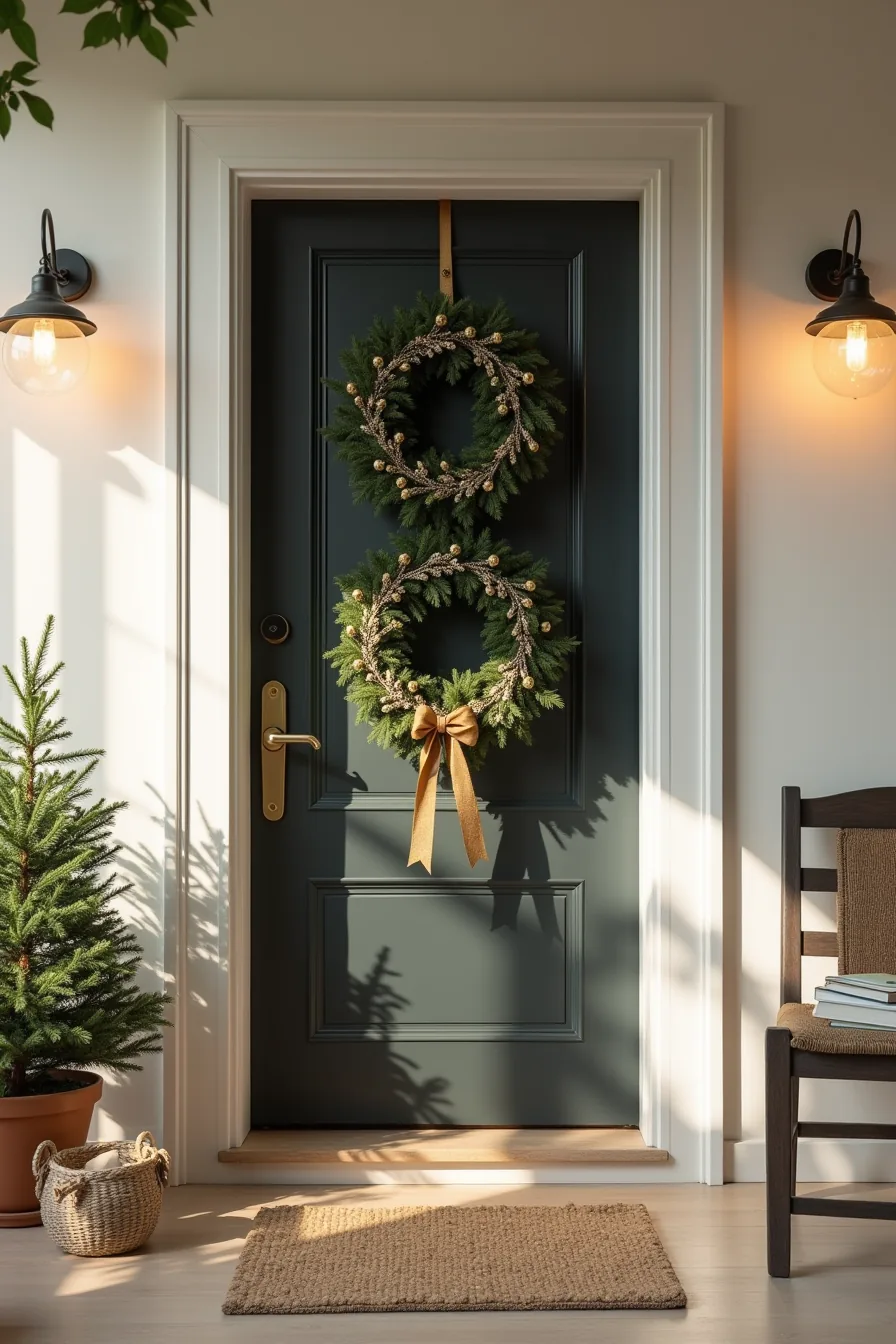 Dark wooden door displays three overlapping wreaths in varying sizes with evergreen, gold accents, and a ribbon bow.