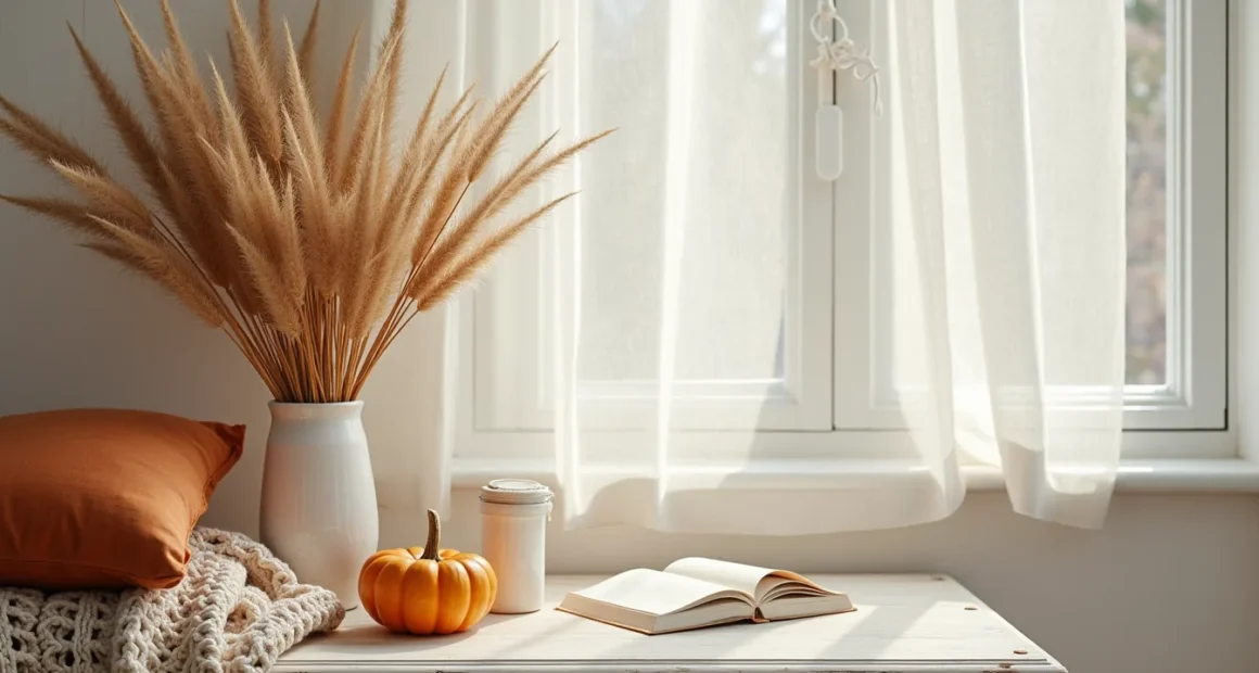 Cream tablecloth with rust pillows, knit blanket, wheat stalks, and ceramic pumpkin arranged on weathered wood.