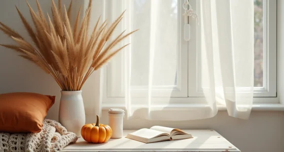 Cream tablecloth with rust pillows, knit blanket, wheat stalks, and ceramic pumpkin arranged on weathered wood.
