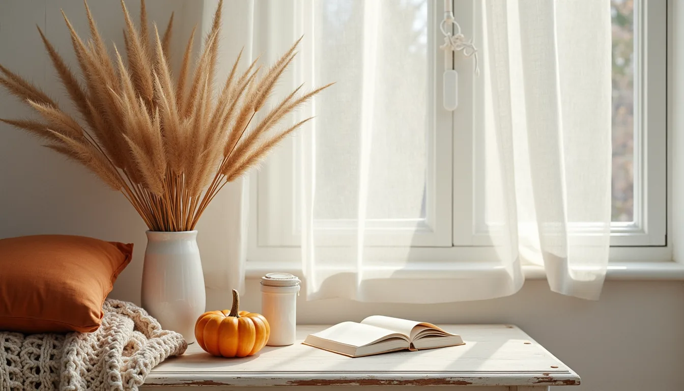 Cream tablecloth with rust pillows, knit blanket, wheat stalks, and ceramic pumpkin arranged on weathered wood.