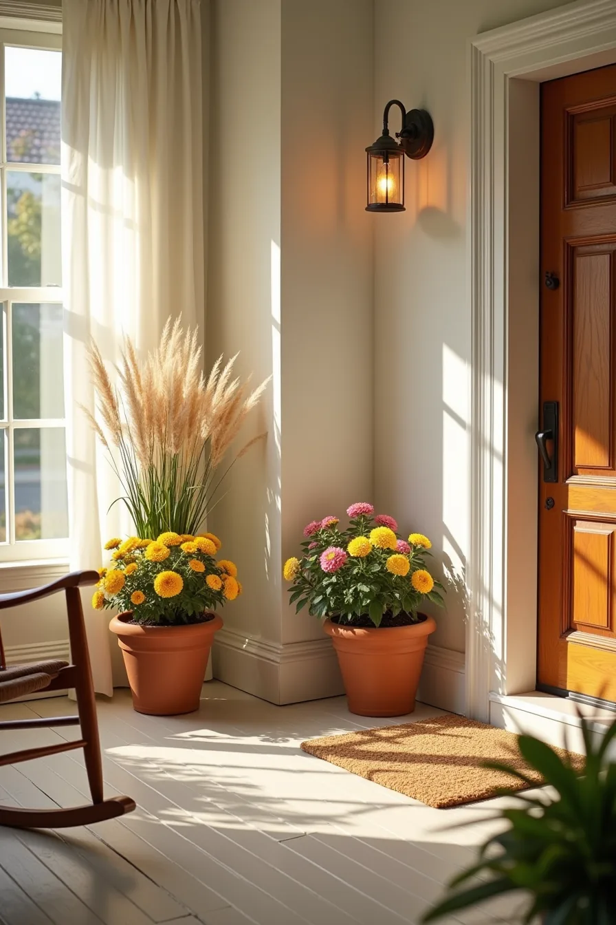 Front porch with terracotta planters of mums flanking a wooden door, welcome mat, and rocking chair.