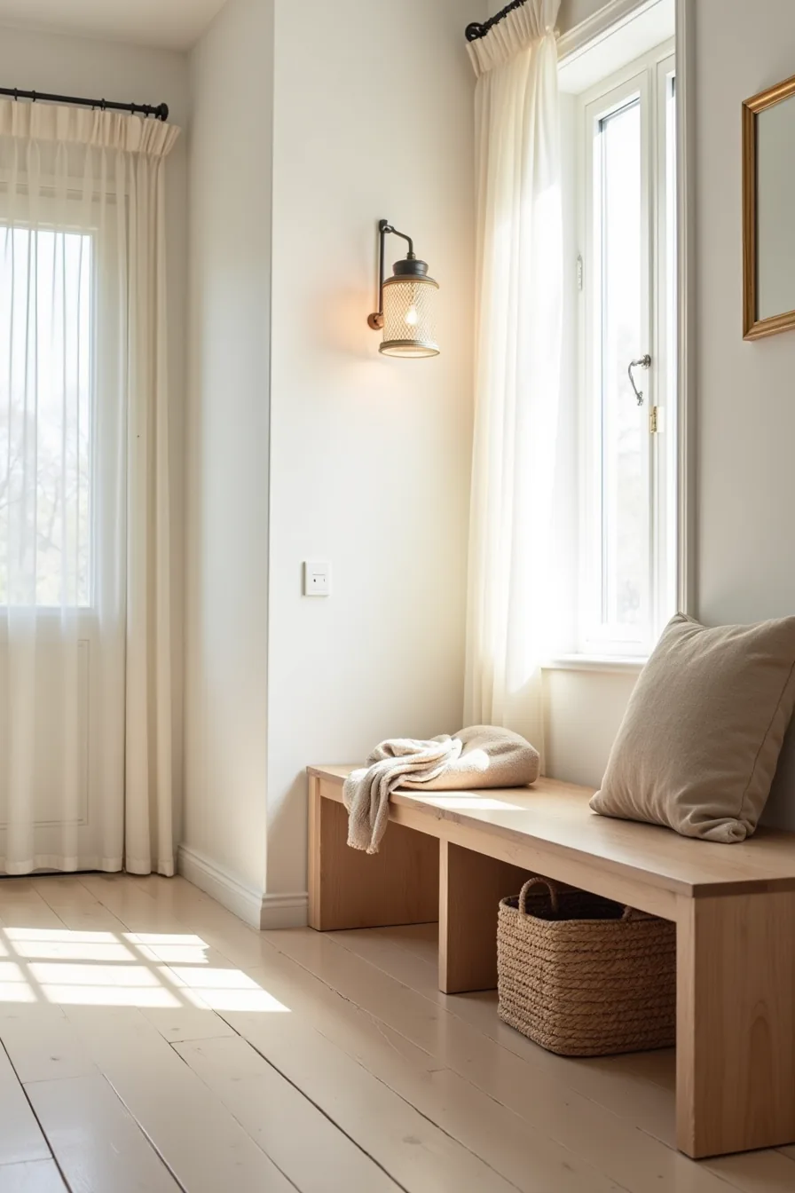 Natural wood entryway bench with a woven storage basket, folded wool blanket, and decorative pillow.