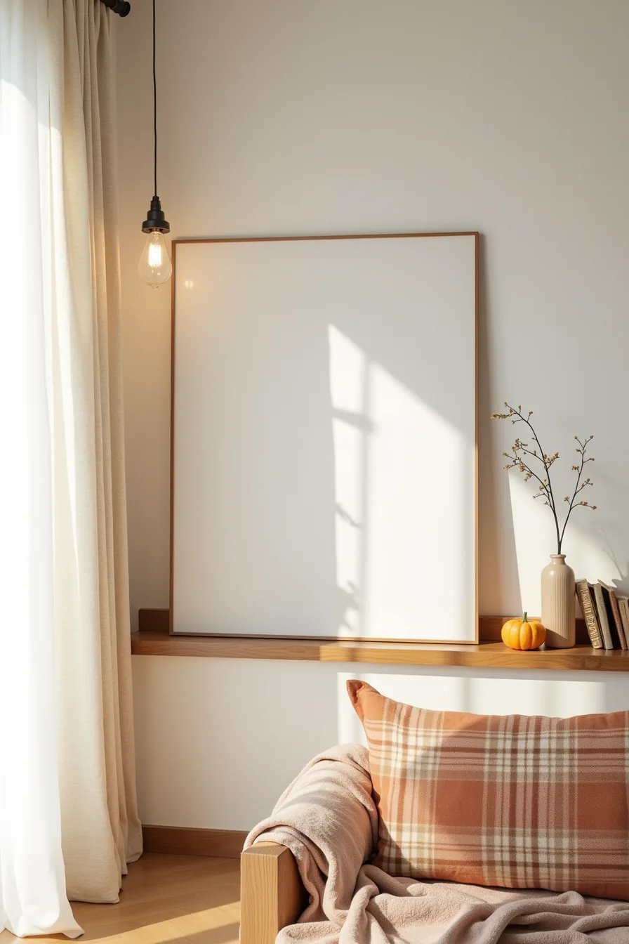 Cream and rust plaid peel-and-stick wallpaper with a framed canvas and wooden shelf displaying small gourds.