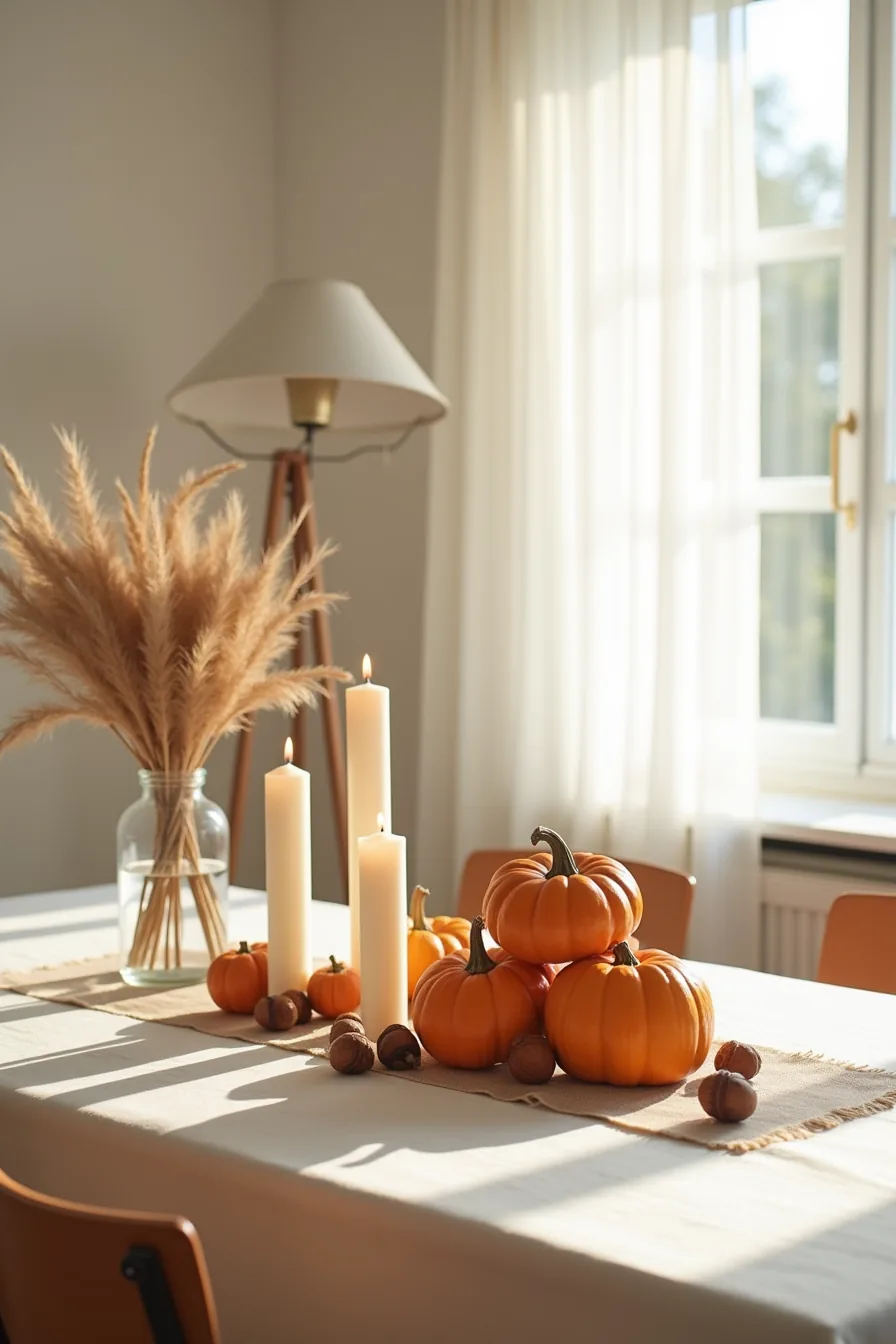 Dining table centerpiece with three pumpkins, dried grasses in a glass vase, pillar candles, and acorns.