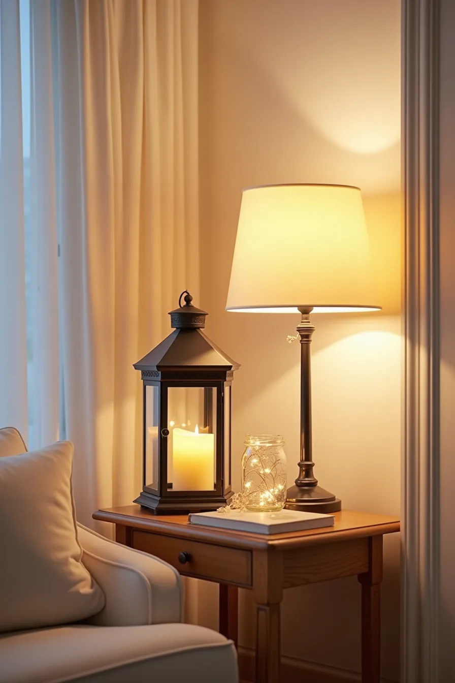 Wrought-iron lantern with candle, table lamp with cream shade, and mason jar with string lights create warm lighting.