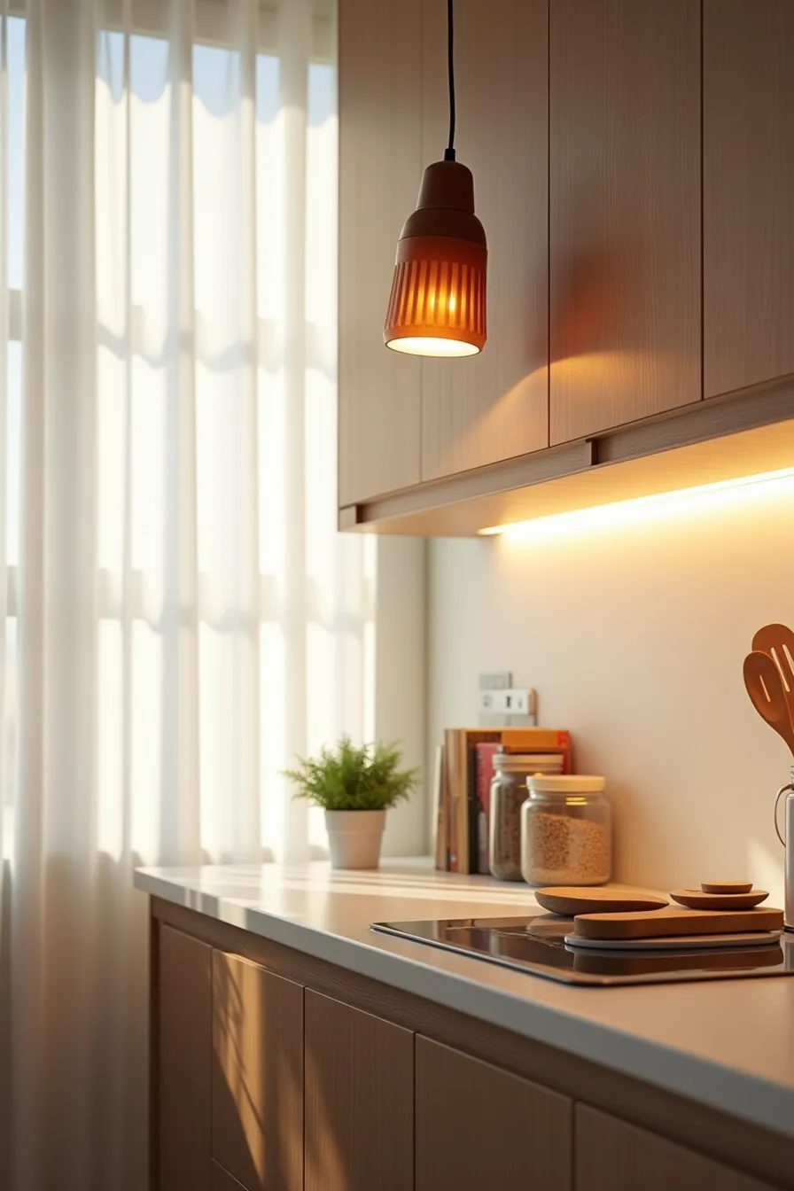 Warm amber pendant lights hang above a dark wood counter with under-cabinet LED lighting illuminating spice jars.