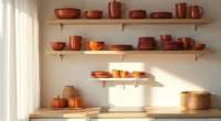 Open kitchen shelves showcase stacked ceramic dishware in warm autumn tones with gourds and a woven basket.