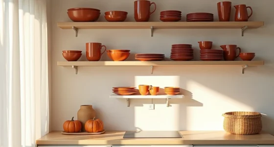 Open kitchen shelves showcase stacked ceramic dishware in warm autumn tones with gourds and a woven basket.