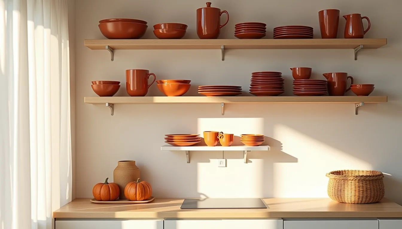 Open kitchen shelves showcase stacked ceramic dishware in warm autumn tones with gourds and a woven basket.