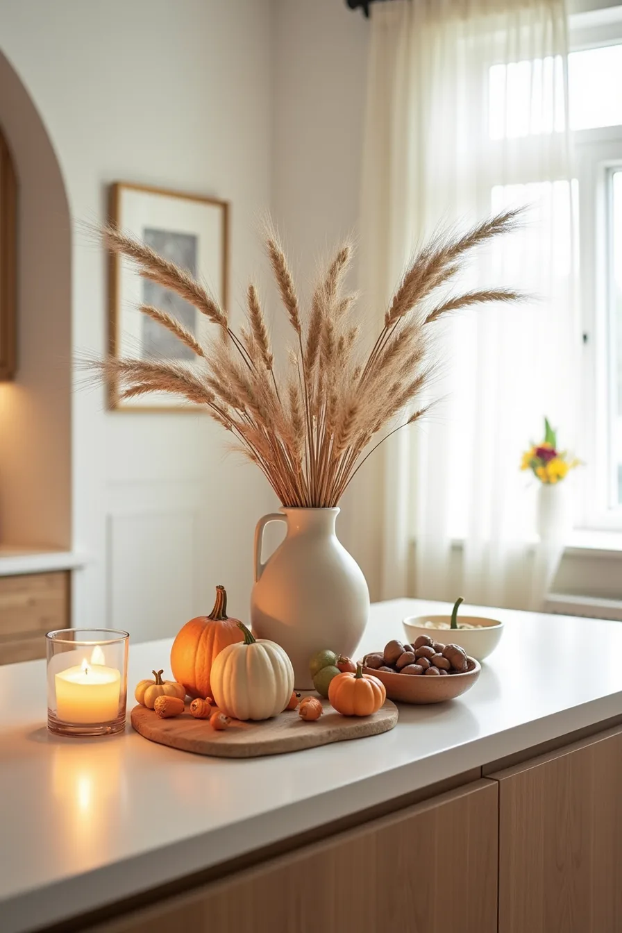 Kitchen island displays a fall centerpiece with ceramic vase, dried wheat, miniature pumpkins, copper candle holder, and
