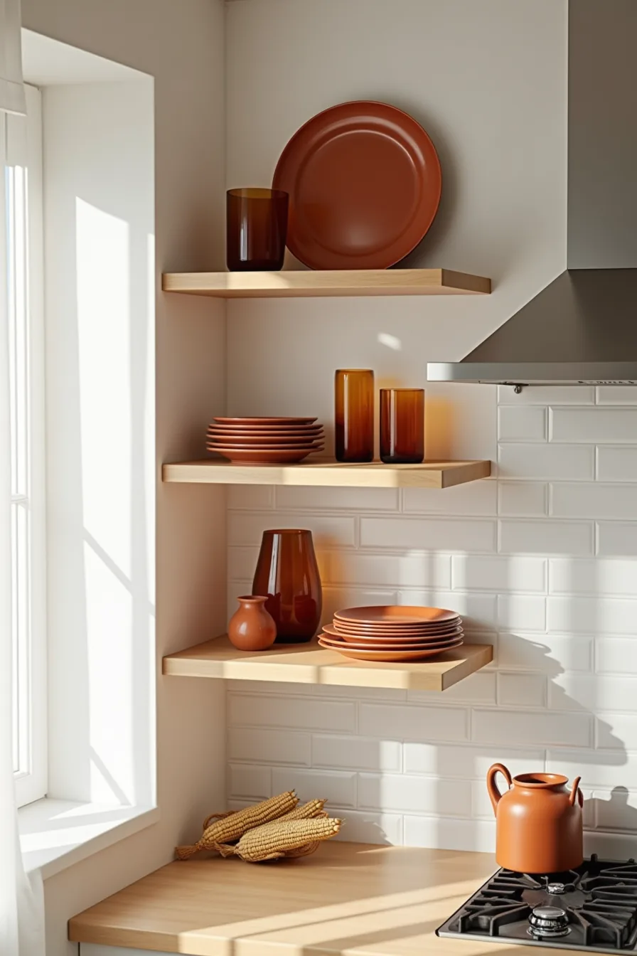 Kitchen shelves with white subway tile backsplash hold rust plates, amber glassware, terracotta vessels, and dried corn.
