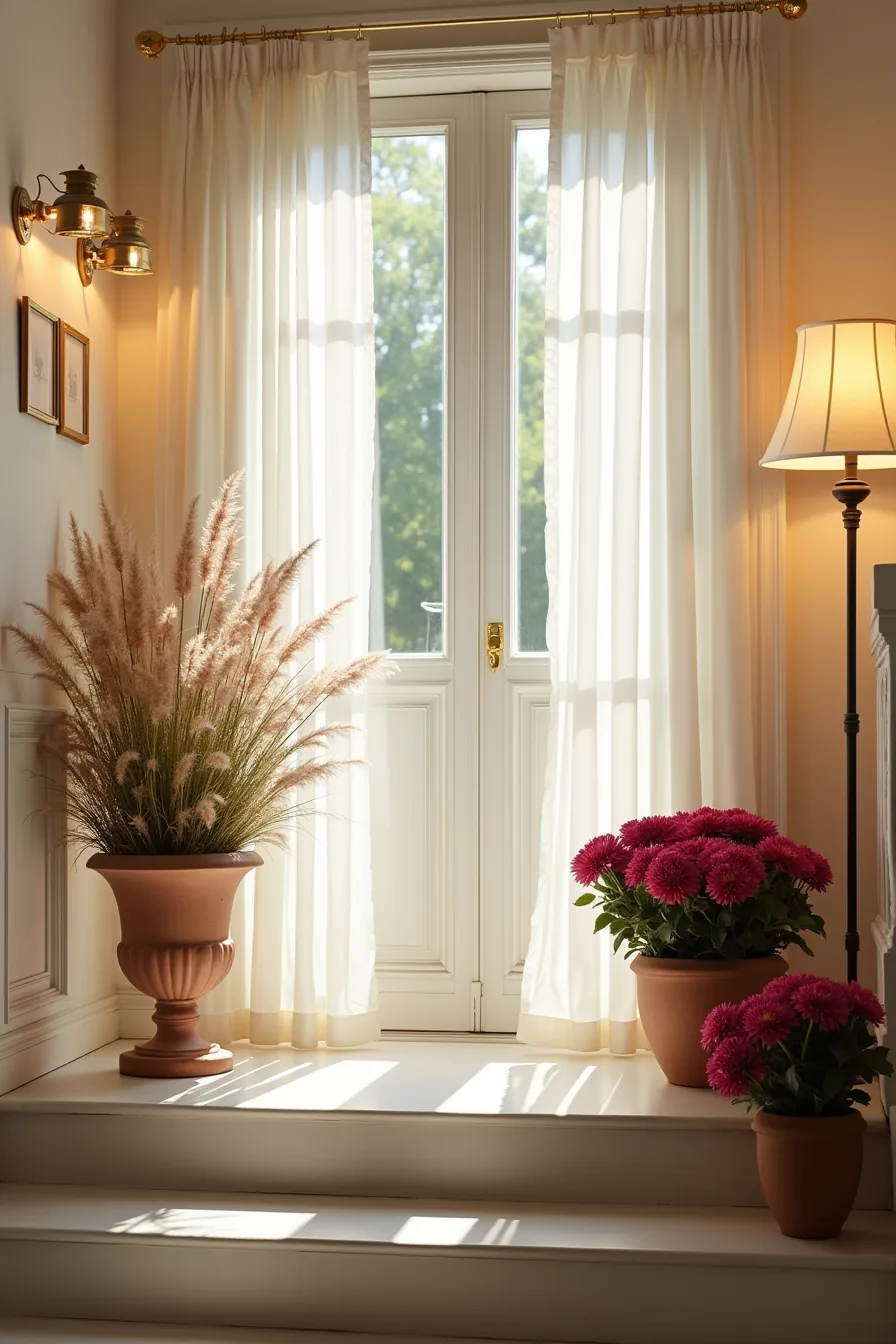 Burgundy mums, ornamental grass, and a ceramic urn with branches arranged in steps from porch door to walkway.
