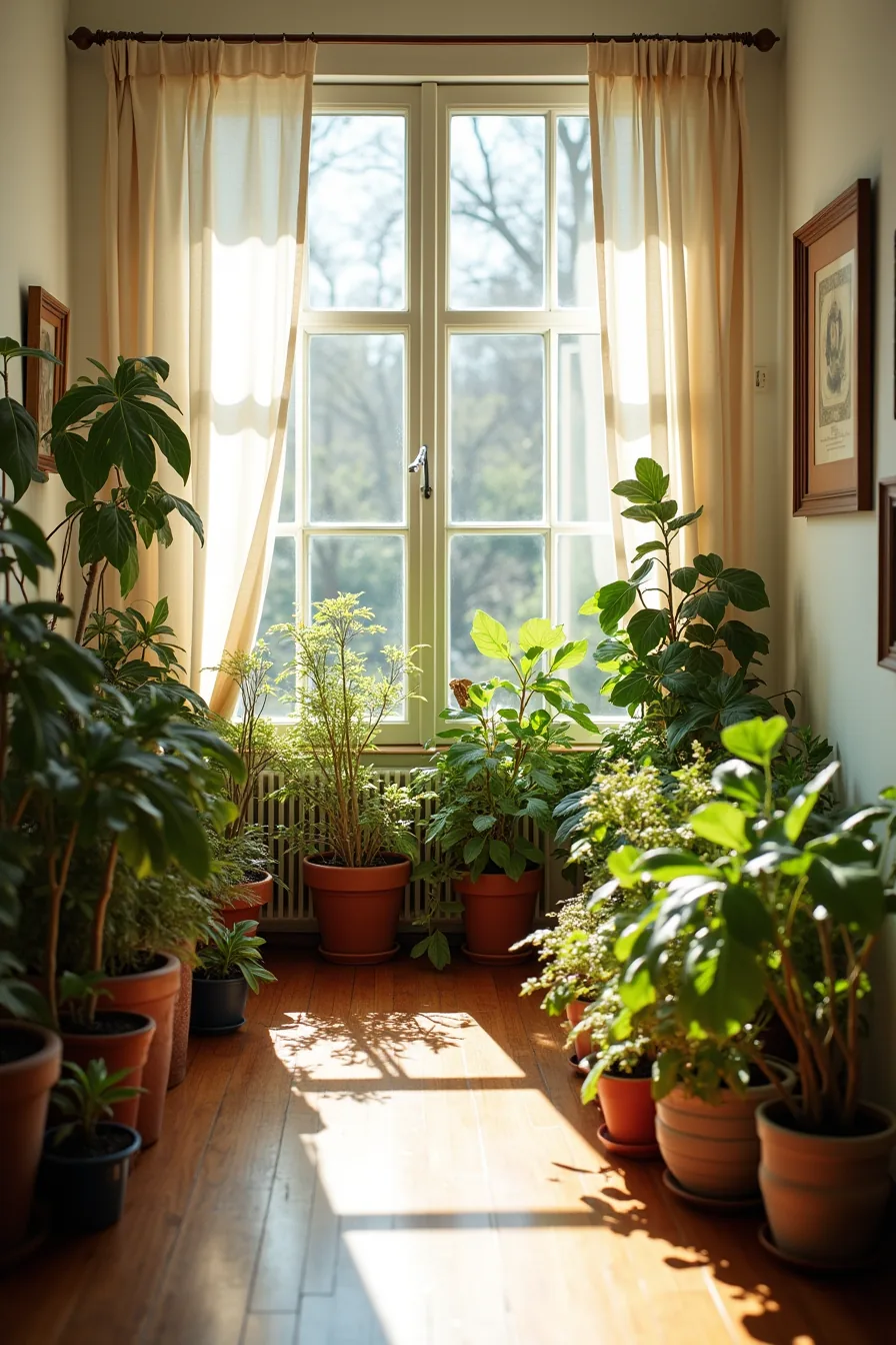Crowded garden pots with wilted foliage and standing water blocking a pathway, showing poor drainage and spacing.