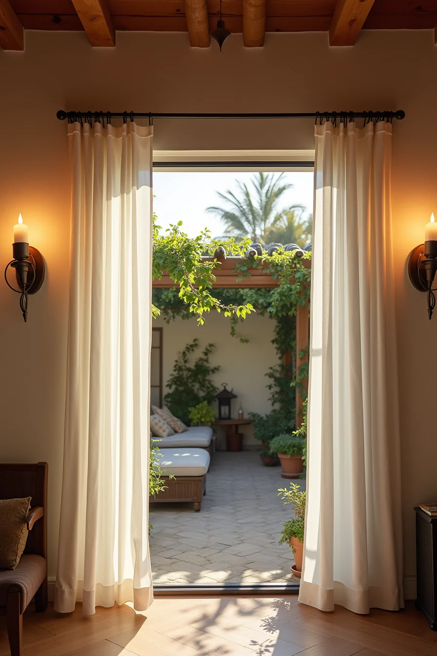 A pergola with Edison bulbs, hanging metal lanterns with candles, and uplighting on climbing vines at dusk.