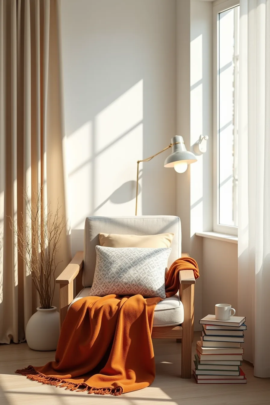 An outdoor lounge chair with a rust-colored throw blanket, patterned pillows, and a side table holding a mug.
