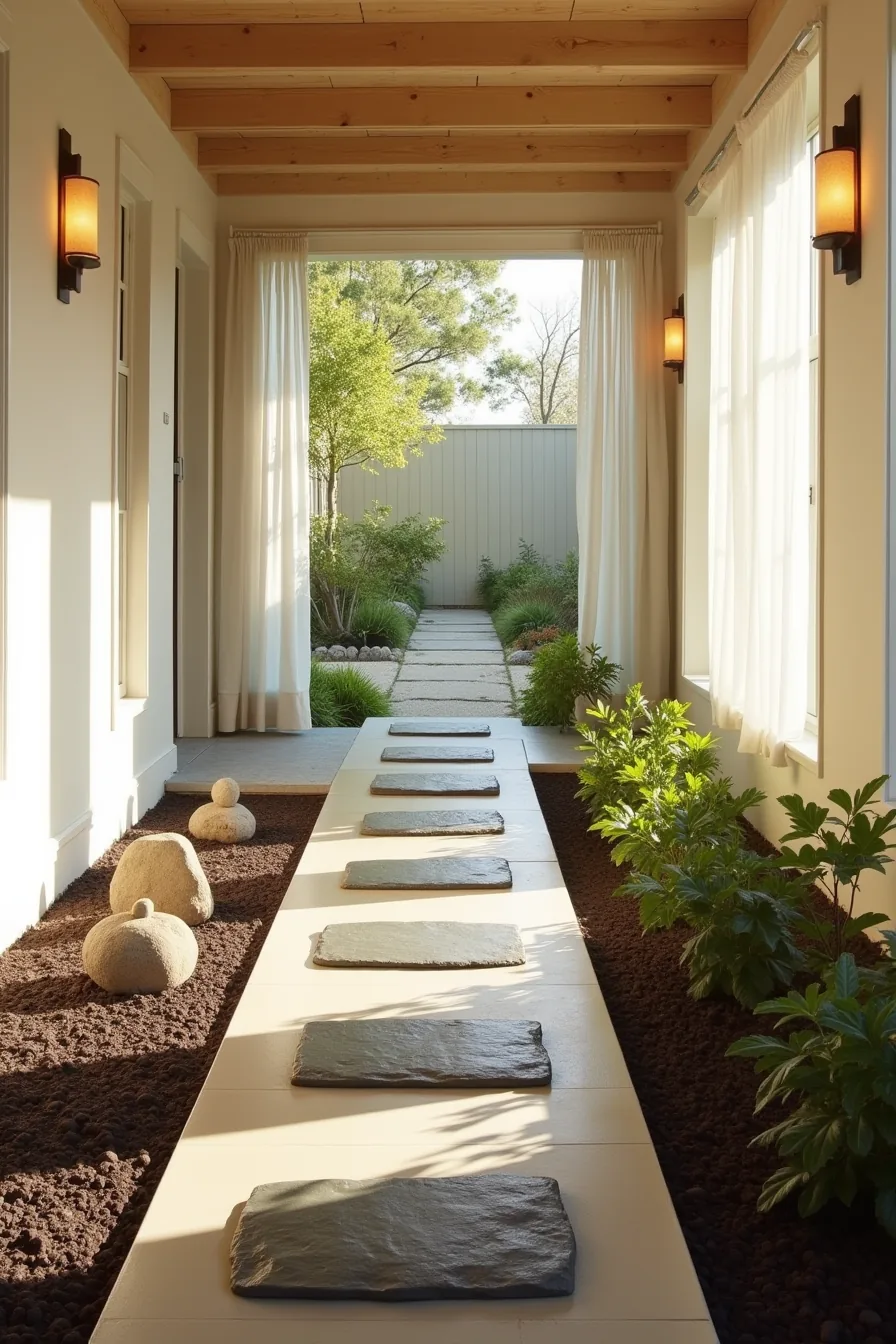 A garden pathway lined with dark mulch, slate stepping stones, and stone cairns spaced along its length.