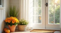Terra cotta mums, ornamental grass, and gourds arranged in a front porch corner near the house entry.
