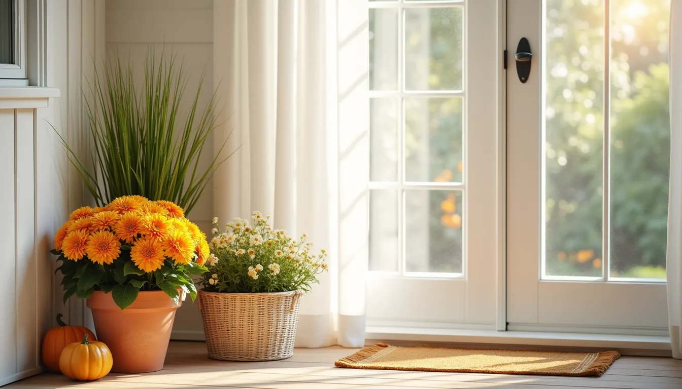 Terra cotta mums, ornamental grass, and gourds arranged in a front porch corner near the house entry.