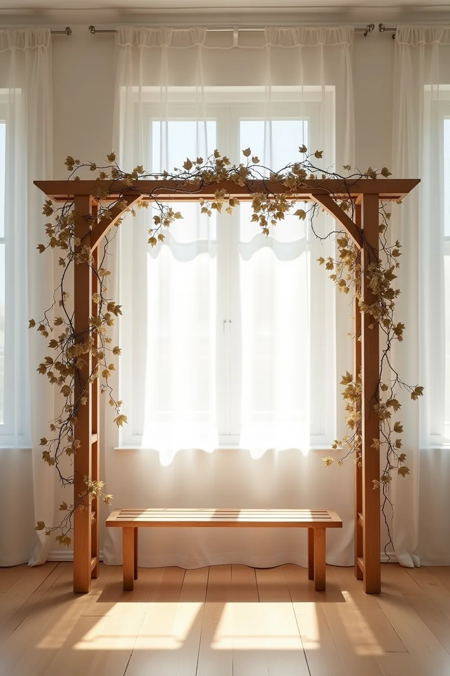 A wooden arbor draped with grapevine garland and climbing ivy, with a wooden bench underneath in shadow.