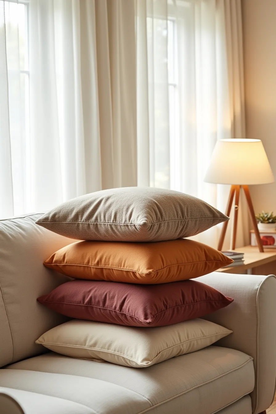 Four autumn-toned pillow covers in ochre, burgundy, taupe, and cream fanned on a neutral sofa.