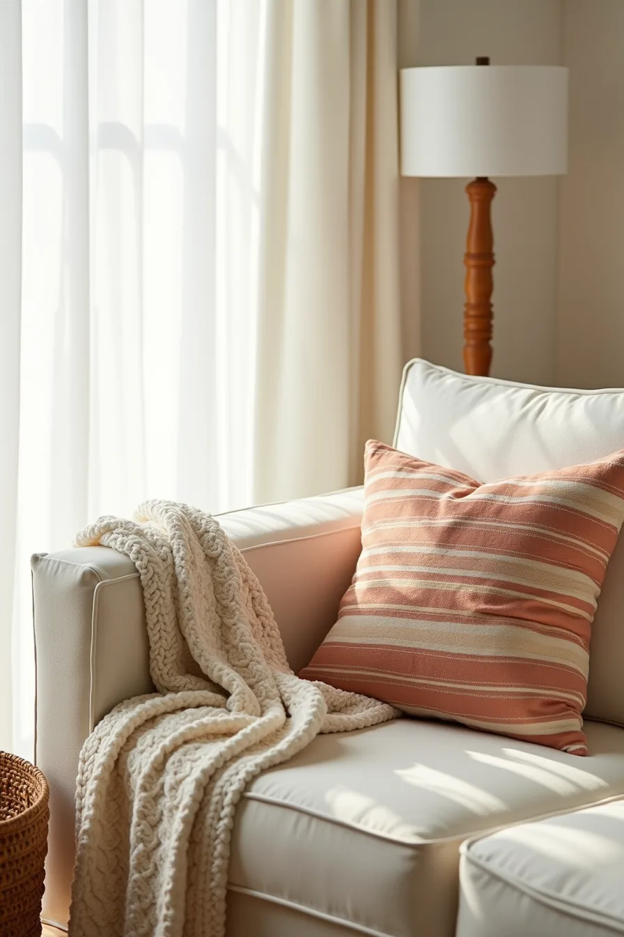 Cream cable-knit blanket, striped terracotta pillow, and woven basket arranged on a sofa arm in afternoon light.
