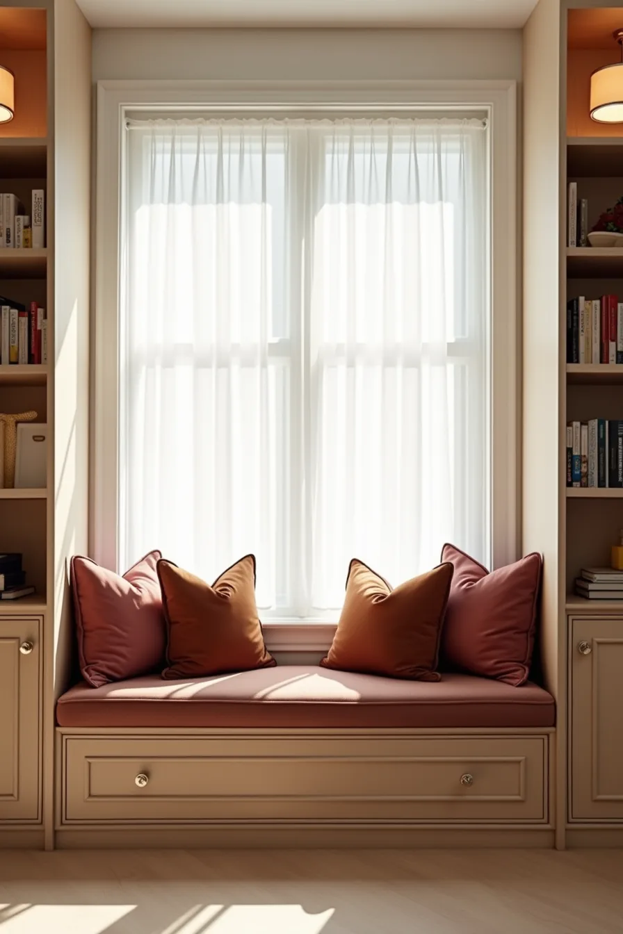 Built-in window seat with deep-brown cushion, jewel-tone throw pillows, and wooden shelving above in window light.