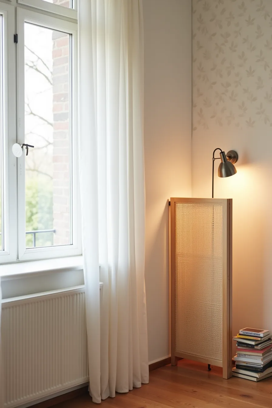 Peel-and-stick leaf-pattern wallpaper on wall with portable woven room divider leaning against it.