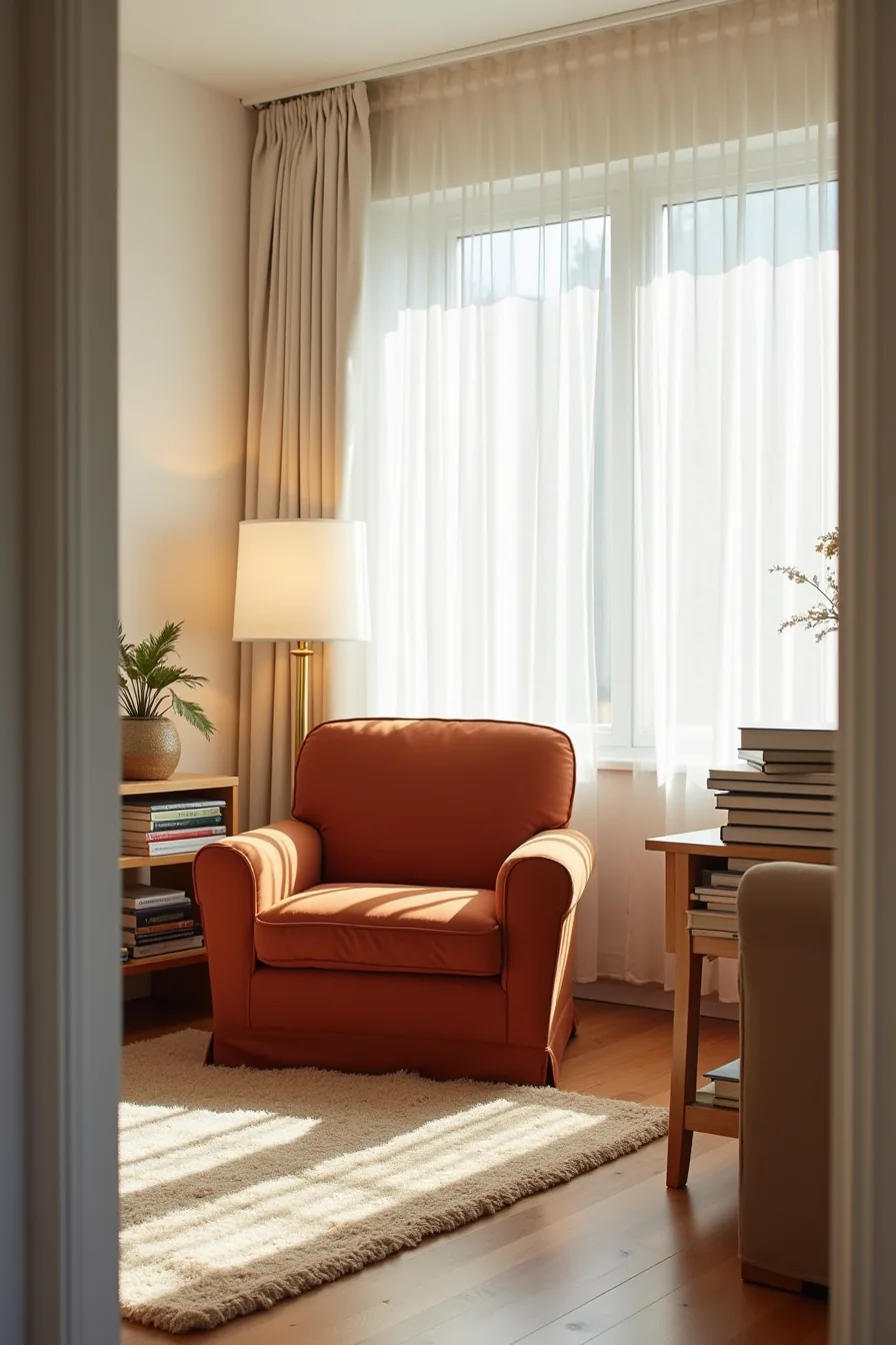 Oversized rust armchair with bunched oversized rug and stacked decorative items on side table in cramped corner.