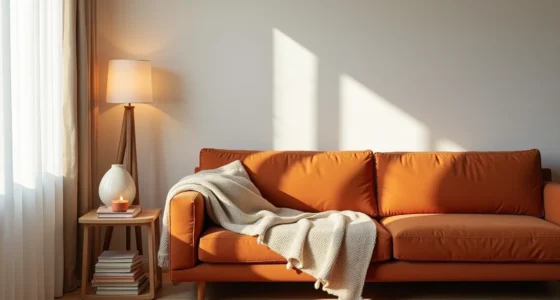 Rust sectional with chunky knit throw, ceramic vase, lit candle on side table, and burnt-orange area rug on hardwood floor.