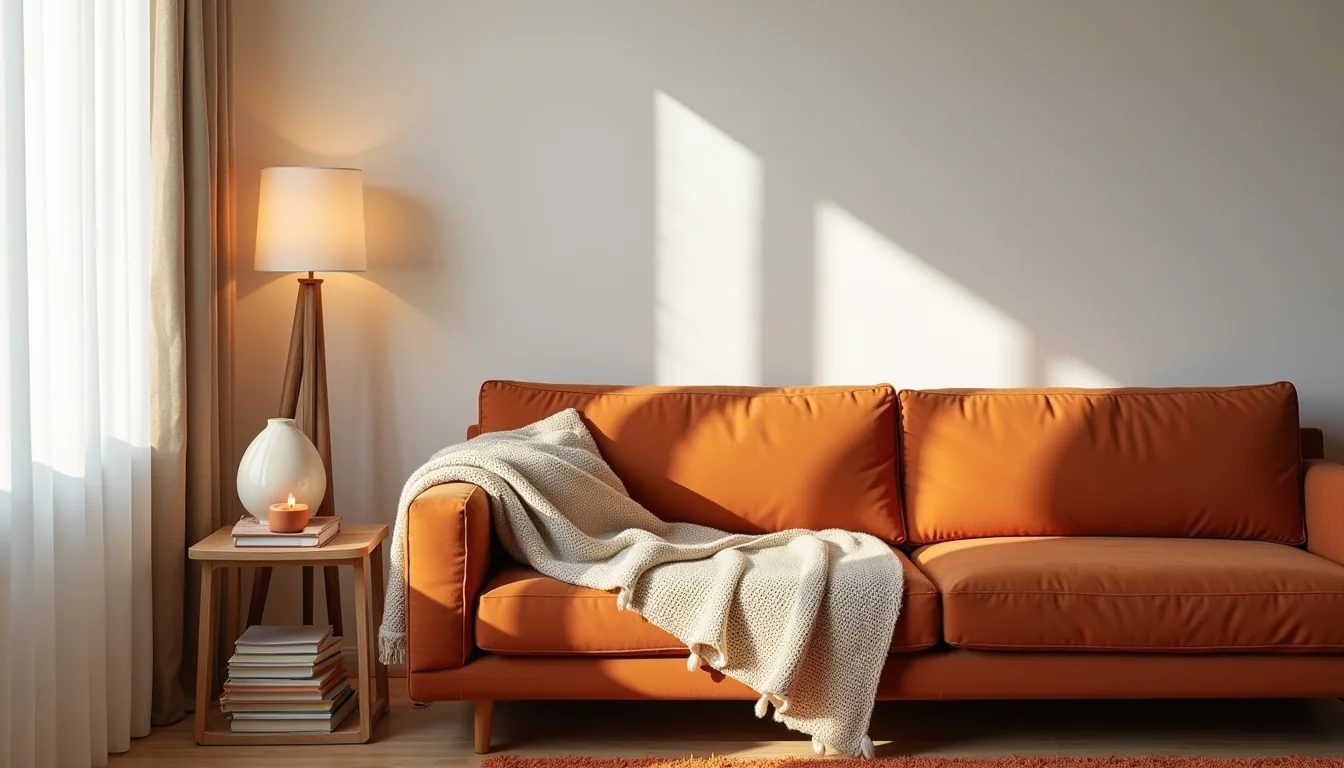 Rust sectional with chunky knit throw, ceramic vase, lit candle on side table, and burnt-orange area rug on hardwood floor.