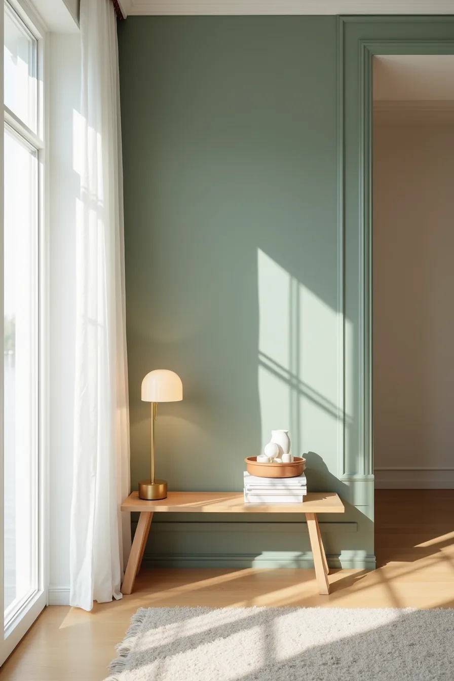 Deep sage green shiplap accent wall behind wooden console table with brass lamp and stacked ceramic boxes.