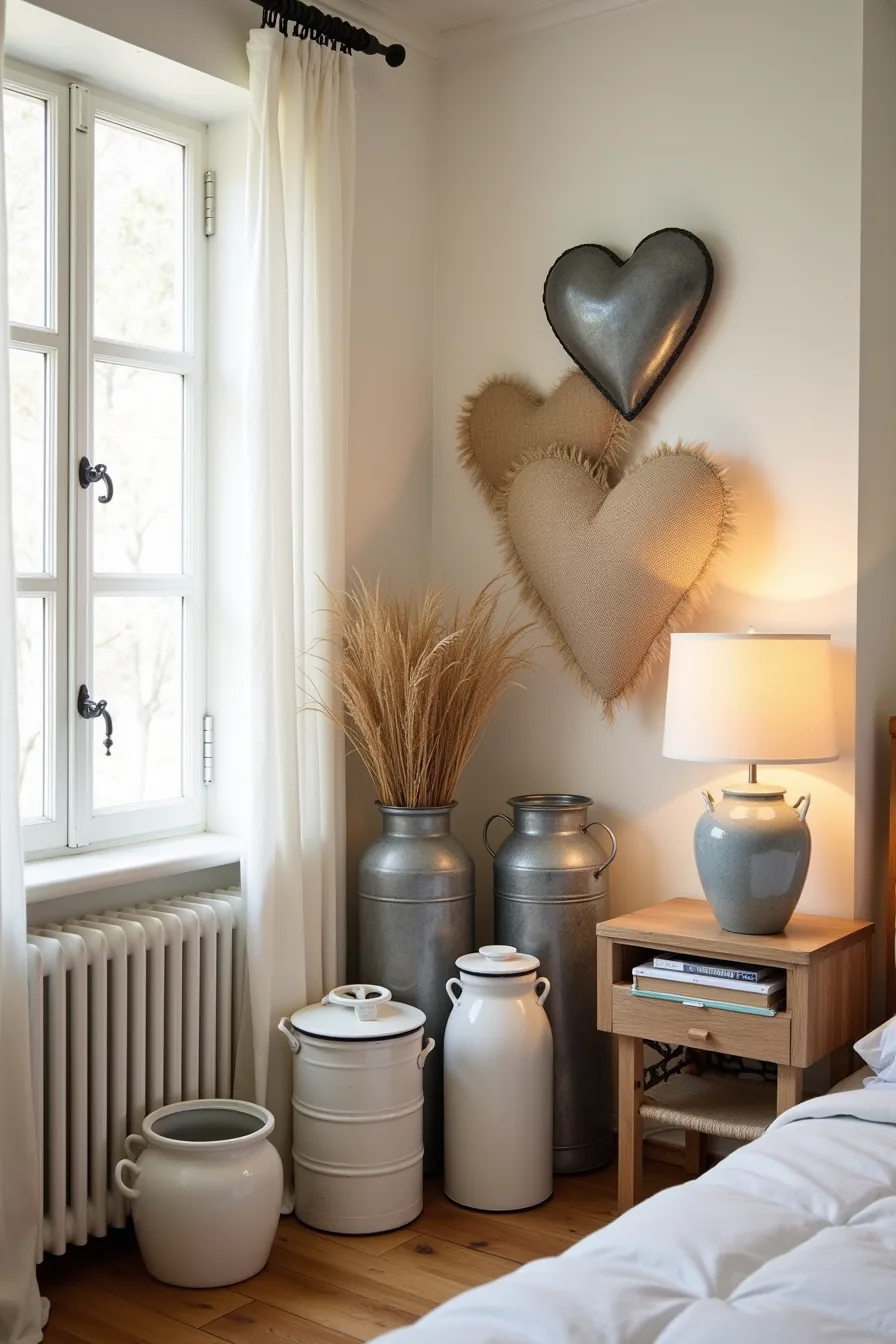 Crowded bedroom corner filled with oversized vases, wall hearts, burlap swags, stacked enamelware, and dusty botanicals.