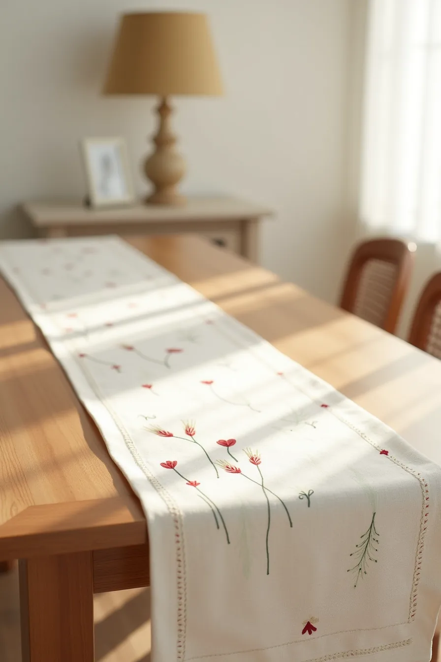 Cream linen runner with embroidered wheat and hearts centered on a wooden console table.
