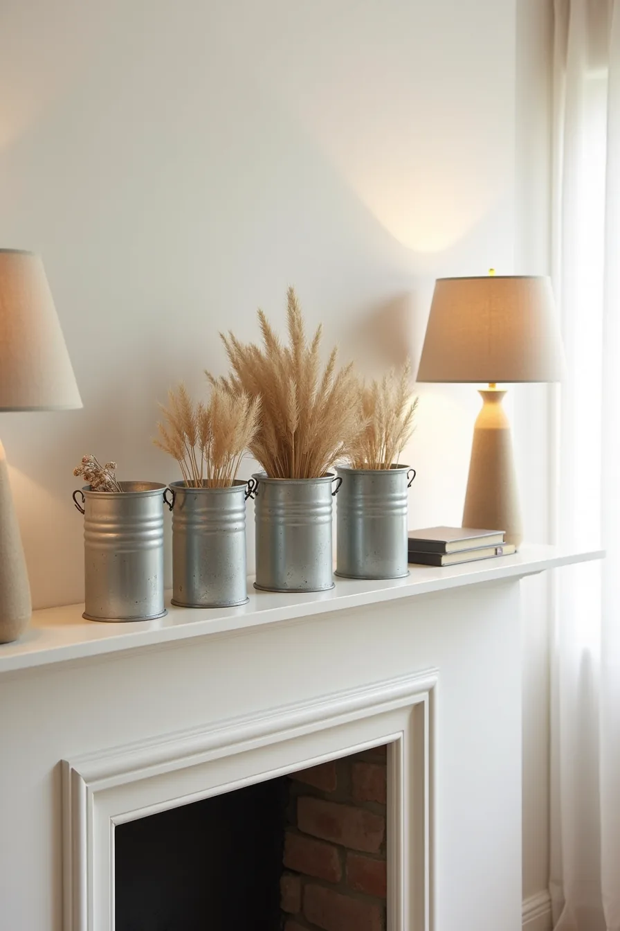 Five graduated galvanized containers on a mantel filled with dried pampas, wheat, and bleached eucalyptus.