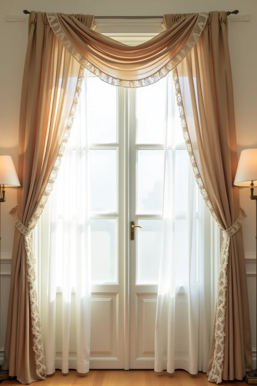 Burlap and cream lace garland swags draped across a doorway frame with woven lace overlay.