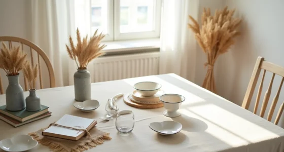 Cream tablecloth topped with galvanized vases of dried pampas, enamel heart dishes, and burlap garland.