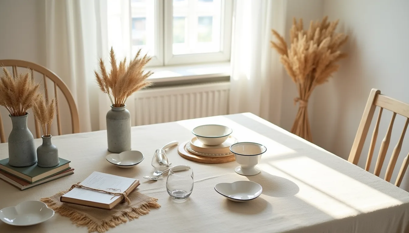 Cream tablecloth topped with galvanized vases of dried pampas, enamel heart dishes, and burlap garland.