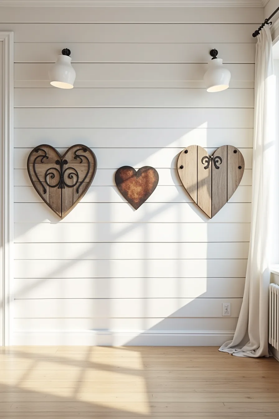 Three layered wood-and-iron heart decorations mounted on whitewashed shiplap at different heights.