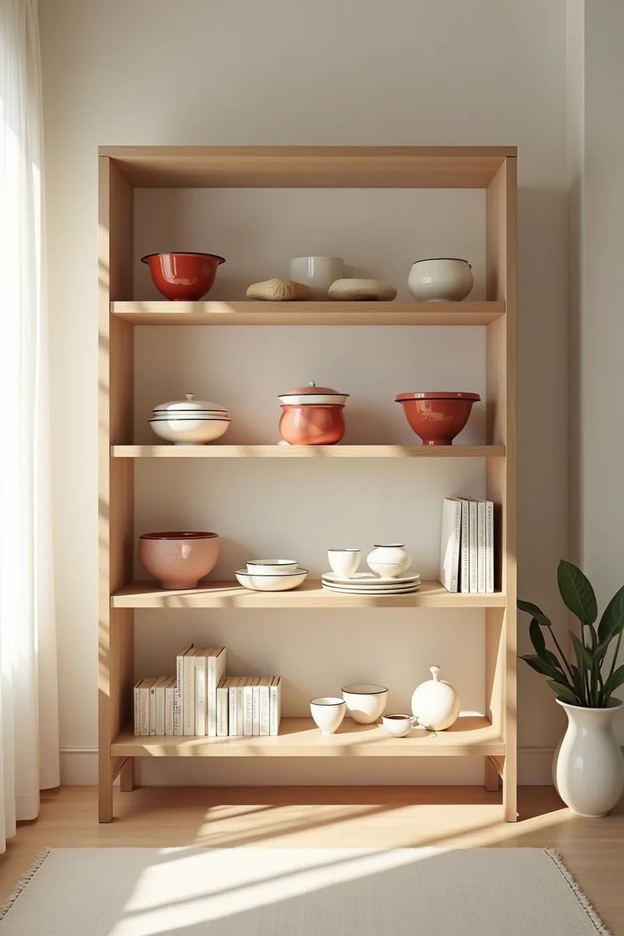 Wooden shelf displaying vintage enamel bowls, ceramic hearts, and stoneware vessels in cream and red tones.