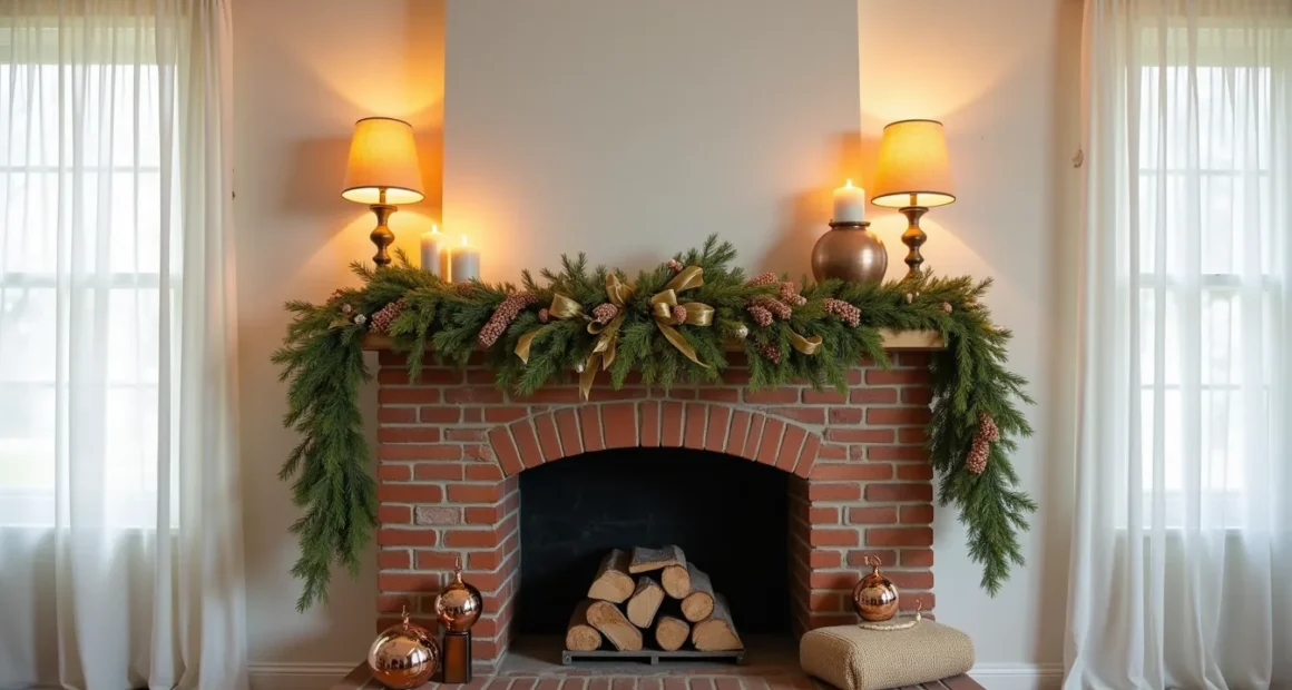 Brick fireplace mantel decorated with cascading evergreen garland, gold ribbon, pillar candles, and large copper ornaments