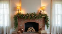 Brick fireplace mantel decorated with cascading evergreen garland, gold ribbon, pillar candles, and large copper ornaments