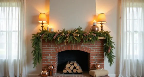 Brick fireplace mantel decorated with cascading evergreen garland, gold ribbon, pillar candles, and large copper ornaments