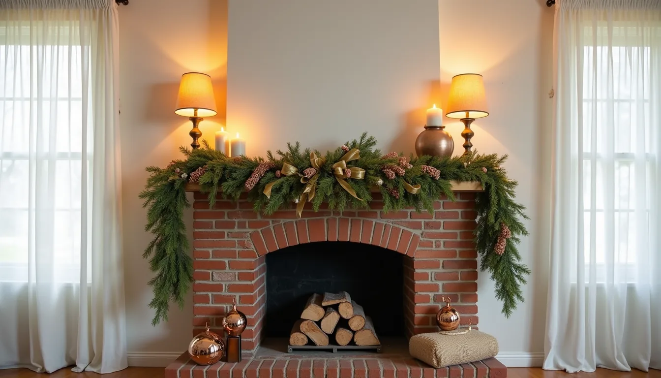 Brick fireplace mantel decorated with cascading evergreen garland, gold ribbon, pillar candles, and large copper ornaments