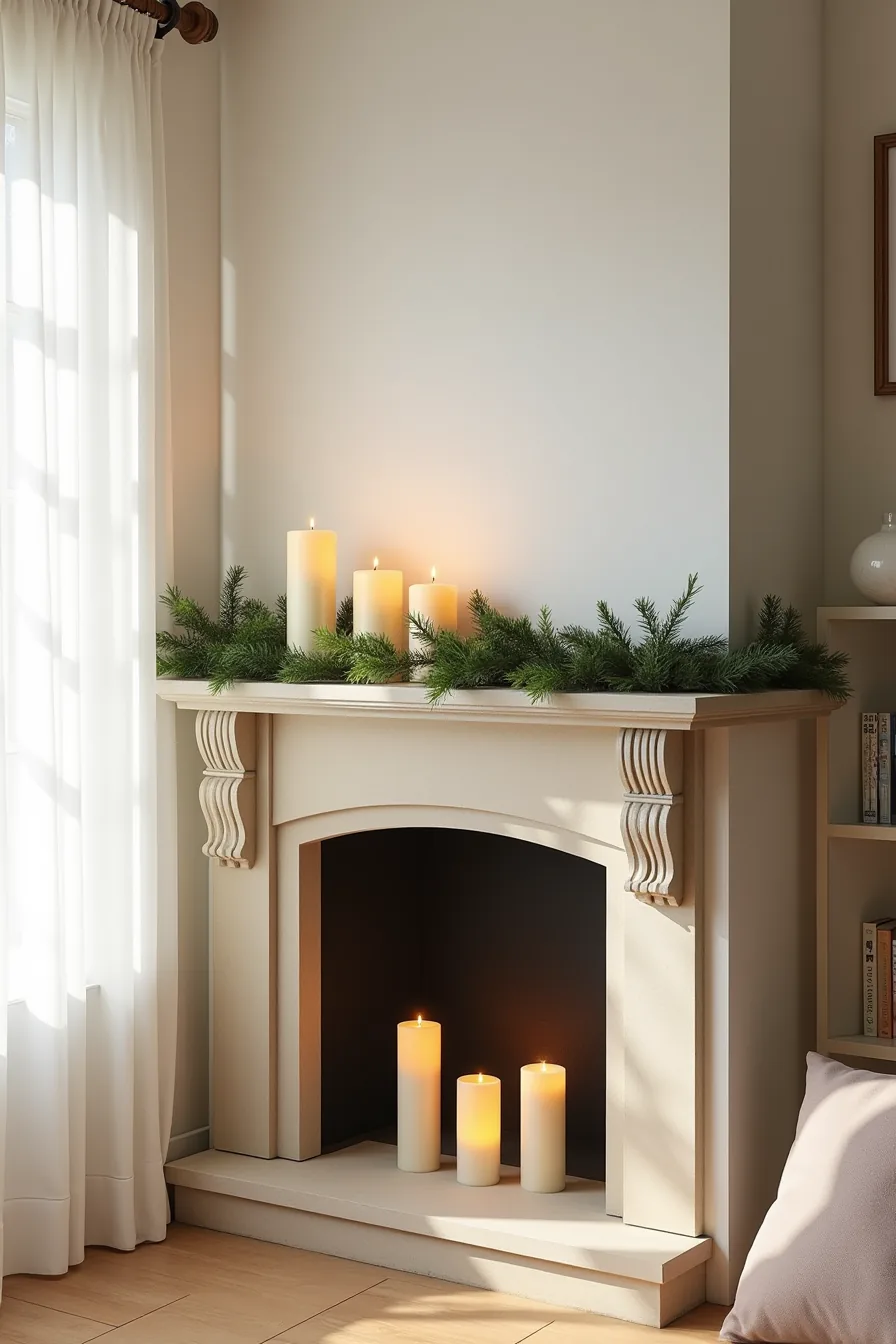 Stone hearth and mantel shelf with pillar candles and LED candles arranged safely away from surrounding greenery.