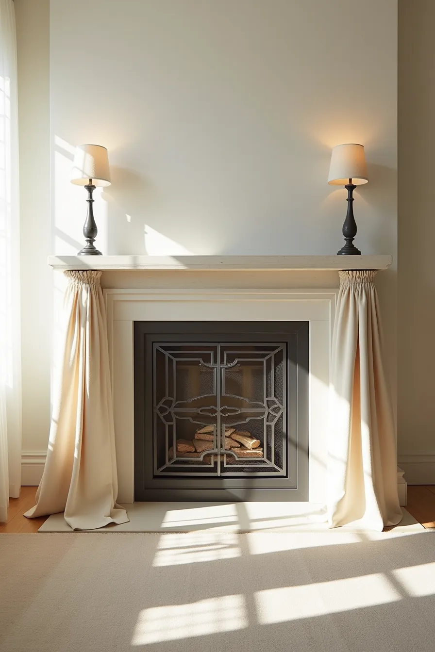 Decorative metal screen with geometric pattern in front of fireplace opening, flanked by draped cream linen fabric panels