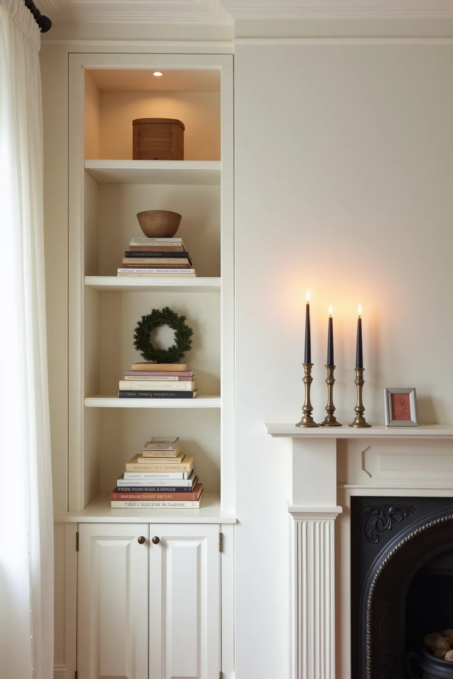 Built-in shelves on either side of fireplace with staggered holiday décor: books, wooden box, wreath, ceramic vessel