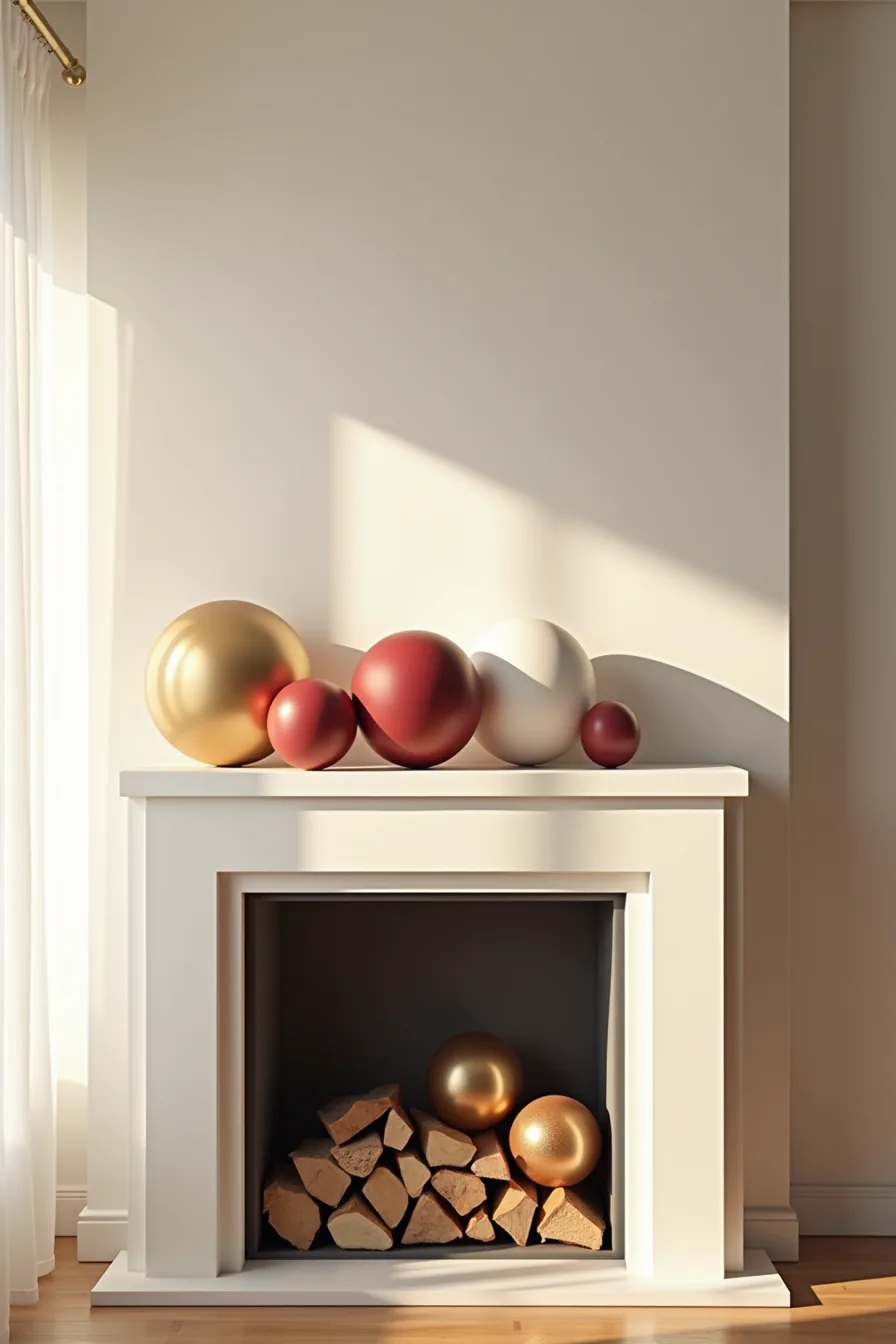 Five large decorative spheres in red, gold, white, copper, and burgundy finishes arranged asymmetrically on fireplace hearth
