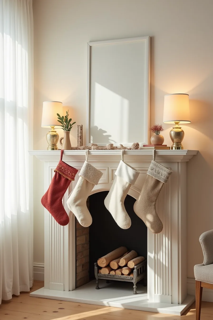 Four different stocking hanging methods displayed on a fireplace mantel: brass hook, adhesive hook, wooden holder, and