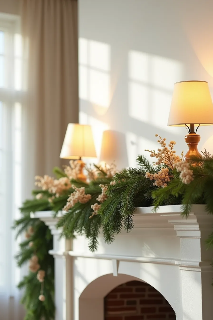 Detailed view of a three-layered mantel garland with fir branches, cream ribbon, and berry picks showing construction depth.