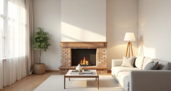 Brick fireplace centered on back wall with sectional sofa, glass coffee table, and area rug in conversation-focused living